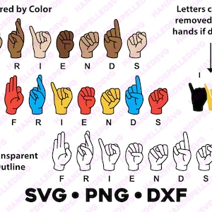 Freunde Amerikanische Gebärdensprache Dinkel SVG PNG DXF | Nach Farbe geschichtet | Asl Liebe Freundschaft bff Text Schriftart Ily Cut Datei Cricut Silhouette