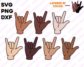 I Love You American Sign Language Hand Diverse Skin Tones Bundle SVG PNG DXF | Layered by Color | Asl Love Friend bff Text Font Ily Cut File
