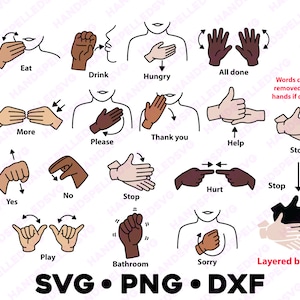 Palabras comunes Lenguaje de señas americano Asl PNG SVG DXF Paquete en capas por color / Educación para sordos Aprendizaje Enseñanza Recurso Cortar archivo Ayuda