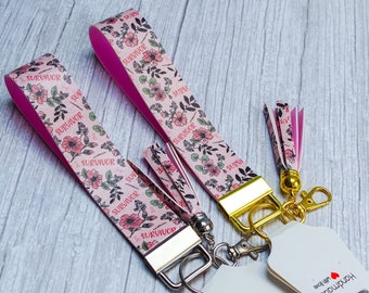 6" Pink Floral Breast Cancer Survivor Faux Leather Wristlet Keychain, Key Fob Wristlet, Cute Key Holder, Custom Gift, Personalized Keychain