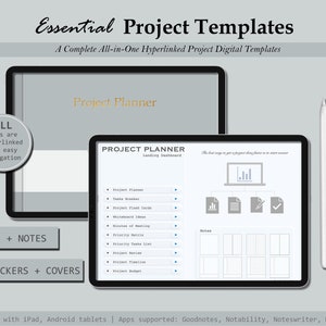 May include: A digital planner template for project management. The template includes 20 pages, 10 templates, 8 notebooks, 2,600+ stickers, and 50 covers. The template is designed for use with iPad and Android tablets and is compatible with Goodnotes, Notability, Noteswriter, and Noteshelf.