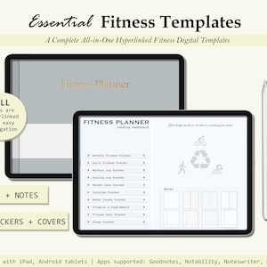 May include: A digital fitness planner template with a gray background and a white border. The template includes 20 pages, 10 templates, 8 notebooks, 2,600+ stickers, and 50 covers. The text "Fitness Planner" is displayed in a gold font at the top of the template. The text "FITNESS PLANNER" is displayed in a black font at the top of the template. The text "Landing Dashboard" is displayed in a black font below the text "FITNESS PLANNER". The text "ALL Pages are Hyperlinked for easy navigation" is displayed in a black font on the left side of the template. The text "TEMPLATES + NOTES" is displayed in a black font on the left side of the template. The text "BONUS STICKERS + COVERS" is displayed in a black font on the left side of the template. The text "Works best with iPad, Android tablets | Apps supported: Goodnotes, Notability, Noteswriter, Noteshelf" is displayed in a black font at the bottom of the template.
