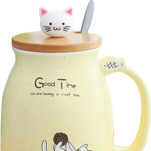 Kitty Cup Tassen-Set im Katzen-Design: Mit Deckel & Löffel I Katzentasse für Tierliebhaber zum Kaffee, Tee I Geschenkidee für Katzenfreunde Gelb