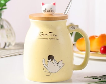 Set di tazze Kitty Cup con design a forma di gatto: con coperchio e cucchiaio, tazza per gatti per gli amanti degli animali per caffè, tè, idea regalo per gli amanti dei gatti