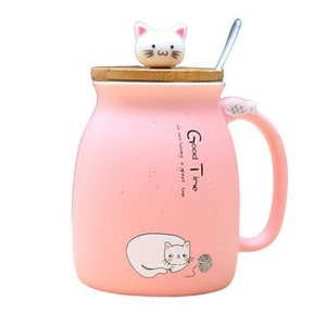 Kitty Cup Tassen-Set im Katzen-Design: Mit Deckel & Löffel I Katzentasse für Tierliebhaber zum Kaffee, Tee I Geschenkidee für Katzenfreunde Rosa