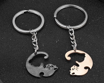 Keychain 2 Pairs Of Cats Motif Keychain as Ying Yang Tai-Chi Puzzle Set for Stainless Steel Couples