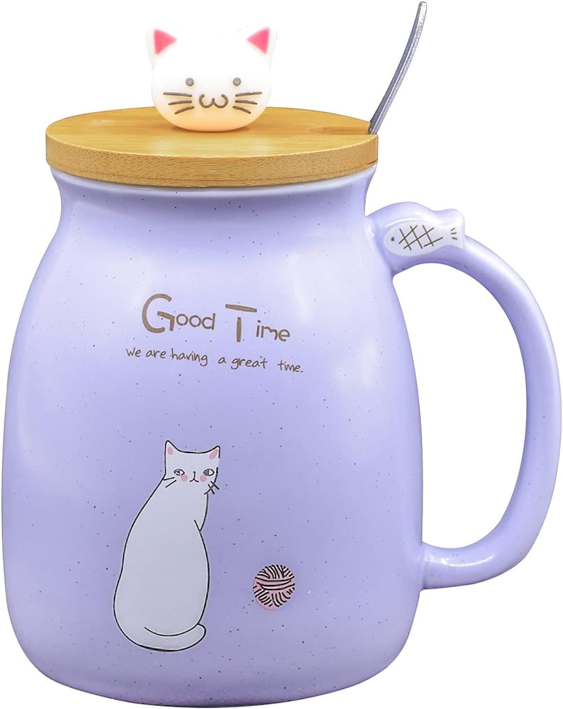 Kitty Cup Tassen-Set im Katzen-Design: Mit Deckel & Löffel I Katzentasse für Tierliebhaber zum Kaffee, Tee I Geschenkidee für Katzenfreunde Violett