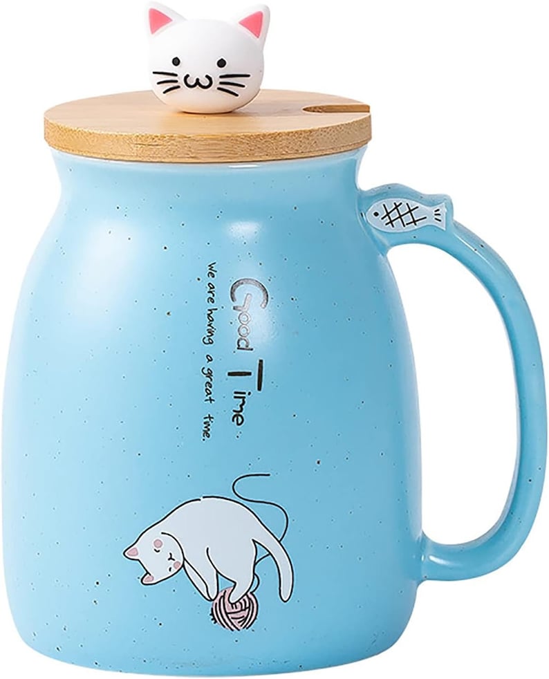 Kitty Cup Tassen-Set im Katzen-Design: Mit Deckel & Löffel I Katzentasse für Tierliebhaber zum Kaffee, Tee I Geschenkidee für Katzenfreunde Türkis