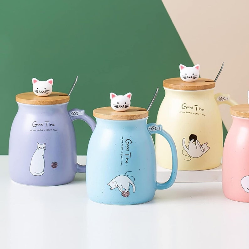 Kitty Cup Tassen-Set im Katzen-Design: Mit Deckel & Löffel I Katzentasse für Tierliebhaber zum Kaffee, Tee I Geschenkidee für Katzenfreunde Bild 3