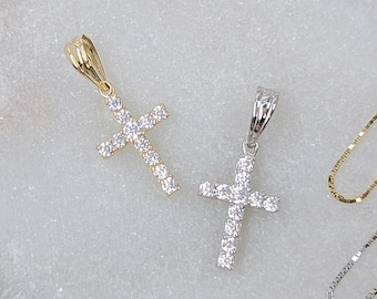 14k Solid Gold Cross Pendant Necklace for Child, Tiny CZ Diamond Cross Charm, Dainty White Gold, Small Kid Cross, Children Baptism Gift