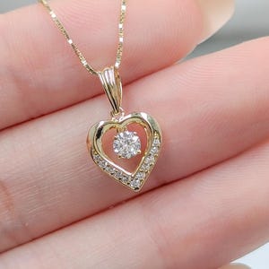 14k Solid Gold Heart Necklace, Mini Pavé Heart Pendant, Small Baby Heart Charm, CZ Tiny Floating Diamond, Dainty Moving Necklace, White Gold