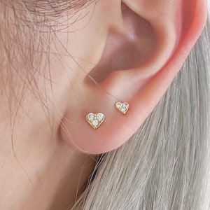 14k Solid Gold Dainty Pavé Heart Stud Earrings, Tiny 3 Stone Heart Earrings, Real White Gold, Baby Second Hole Piecing, Everyday Minimalist