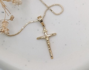 14k Solid Gold Crucifix Cross Necklace, Waterproof White Gold Cross, Dainty Cross Pendant, Minimalistic Faith Cross Charm Small Baptism Gift