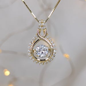 14k Solid Gold Infinity Dancing CZ Pavé Diamond Necklace, Floating Diamond Necklace, CZ Moving Necklace, Tear Drop, Fine Jewelry For Mom