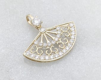 10k Fan Necklace, Solid Gold Vintage Fan Pendant, Elegant Folding Fan Charm, Real Gold Fine Jewelry, Chinese Imperial, Art Deco