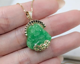 14k Solid Gold Jade Buddha Pendant Necklace, Green Jade, Small Laughing Buddha Charm, Dainty Buddhist Jewelry, Real Gold Religious Necklace