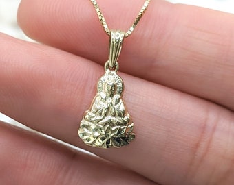 14k Solid Gold Buddha Pendant Necklace, Small Buddha Charm, Mini Dainty Waterproof White Gold Buddhist Jewelry for Kids, Children, Adult