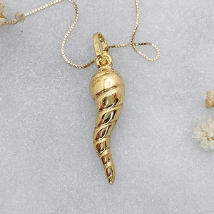 14k Solid Gold Italian Horn Necklace, 3D Hollow Cornicello Horn Pendant, Real Gold, Protection Amulet Charm, Good Luck,Chili Pepper Necklace