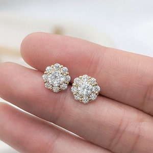 14k Solid Gold Flower Earrings, Dainty Cluster CZ Diamond Flower Studs, Small 14K Real White Gold Earrings, Everyday Fine Jewelry For Mom