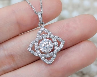 Small Silver Flower Petal Necklace, Vintage Floral Pendant, CZ Diamond Cluster, Flower Pavé Charm, Art Deco Square Halo Pendant, Everyday