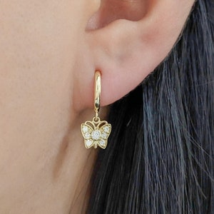 14K Solid Gold Butterfly Hoop Earrings, Dainty Butterfly Charm Dangle Hoops, Real Gold Dangle Huggies, Everyday Earrings, CZ Diamond Huggies