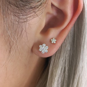 14k Solid Gold Flower Earrings, Small CZ Diamond Flower Studs, Dainty Minimalist Everyday Earrings, Tiny Cartilage Earrings, Fine Jewelry