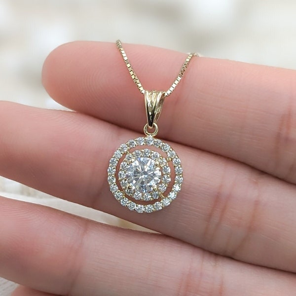 14k Solid Gold Halo Necklace, Elegant Pavé Halo Pendant, Dainty Halo Charm, CZ Diamond Halo Necklace, Classic FineJewelry Gift for Her