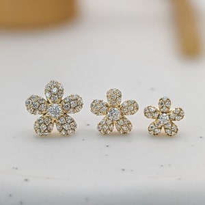 14k Solid Gold Flower Stud Earrings, White Gold, Dainty Pavé Flower Earrings, Small CZ Diamond Flower, Everyday Tiny Second Hole Piercing