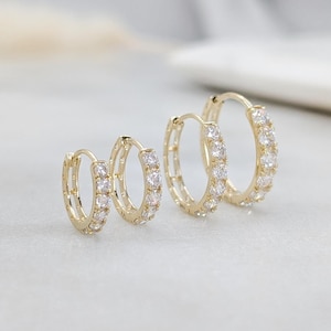 14k Solid Gold Pavé Hoop Earrings, White Gold Huggies, 12mm, 15mm, 17mm Mini Gold Huggy, CZ Diamond, Small Everyday Huggy, Dainty Minimalist
