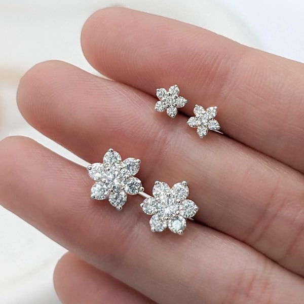 925 Sterling Silver Flower Earrings, Small CZ Diamond Flower Studs, Dainty Minimalist Everyday Earrings, Tiny Cartilage Second Hole Studs