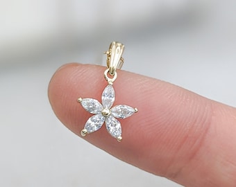 14k Solid Gold Tiny Lily Flower Necklace, Dainty Hawaiian Flower Pendant, Small Minimalist Flower Charm, CZ Diamond Everyday Gold Necklace