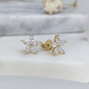 14k Solid Gold Flower Earrings, Dainty Hawaiian Flower Studs, CZ Marquise Diamond Flower Studs, Minimalistic Everyday Fine Jewelry