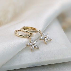 14K Solid Gold Flower Hoops, Dainty Lily Flower Earrings, Everyday CZ Diamond Flower Huggies, Charm Dangle Hoops, Real Gold Floral Huggies