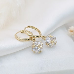 14K Solid Gold Drop Hoop Earrings, Dainty Disco Ball Charm Dangle Hoops, 14k Minimalist Dangle Huggies, Everyday CZ Small Diamond Huggies