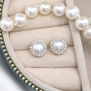 14k Fresh Water Pearl Halo Earrings, Dainty Pearl Studs, Round CZ Diamond Earrings, Real White Gold  Earrings, Small Minimalistic Earrings