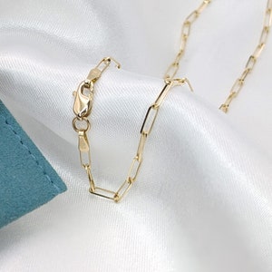 14k Solid Gold Paperclip Chain Necklace, Waterproof Dainty Gold Link Necklace, Thin Rectangle Chain, 14k Real Gold Small Layering Necklace