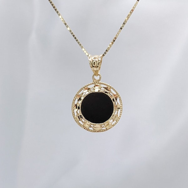 14k Solid Gold Onyx Necklace, Real Gold, Real Onyx Pendant, Black Gem Stone Necklace, Small Round Minimalist Necklace, Dainty Circle Pendant