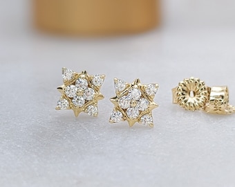 14k Solid Gold Star Earrings, Dainty Celestial Studs, Everyday Minimalist Earrings, Art Deco Studs, Tiny Real Gold Earrings, Fine Jewelry
