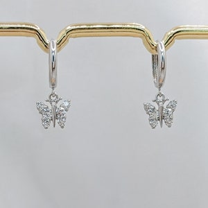 14K Solid White Gold Butterfly Hoop Earrings, Dainty Butterfly Charm Dangle Hoops, 14k Real Gold Dangle Huggies For Kids, Children, Adults