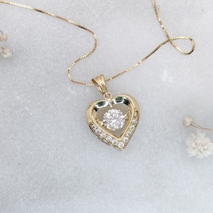 14K Solid Gold Dancing Diamond Heart Necklace CZ White Gold Floating CZ Diamond Pendant Small Heart Charm Dainty Moving Diamond for Mom