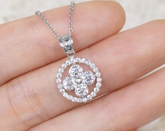 Small Clover Pendant Necklace, 925 Sterling Silver, Dainty Four Leaf Clover Charm, CZ Diamond Clover, Birth Month Flower Jewelry, Everyday