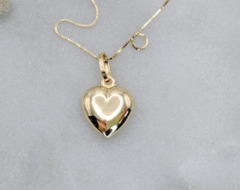 14k Solid Gold Heart Necklace, Dainty Hallow Puffy Heart Pendant, Small Real Gold Waterproof Puff Heart Charm, Bold Love Necklace for Her