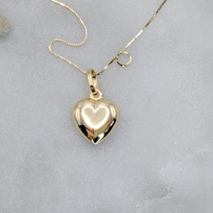 14k Gold Heart Necklace, Solid Gold, Dainty Hollow Puffy Heart Pendant, Small Real Gold Waterproof Puff Heart Charm, Love Necklace for Her