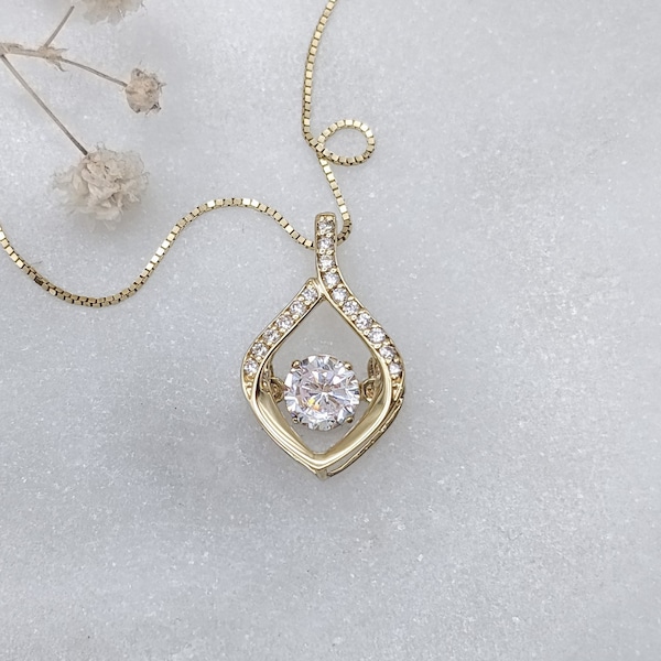14k Solid Gold Moving Diamond Necklace, CZ Dancing Diamond Tear Drop Pendant, Floating Diamond Necklace, Water Drop Necklace, Fine Jewelry