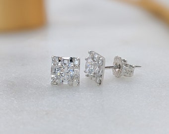 14K Solid Gold Dainty Art Deco Square Earrings, Real White Gold, Small CZ Diamond Earrings, Tiny Elegant Everyday Earrings, Fine Jewelry