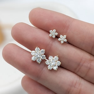 14k Solid Gold Flower Earrings, Small CZ Diamond Flower Studs, Dainty Minimalist Everyday Earrings, Tiny Cartilage 2nd Hole Earrings, 10k