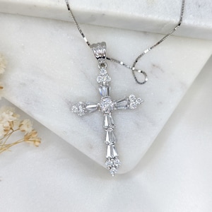 14k White Gold Cross Pendant Necklace, Solid Gold, Baguette Cross Pendant, Elegant Cross, 14k Cross Charm, Religious Pendant, Baptism Gift