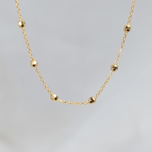 14k Solid Gold Ball Satellite Chain, Layering Dainty Minimalistic Station Necklace, Diamond cut, Simple Thin Bead Rolo Everyday Bracelet