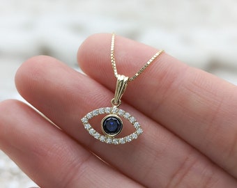 14k Gold Evil Eye Necklace, Mal De Ojo Pendant, Real Solid Gold, Blue Good Evil Eye, Protection Necklace, Lucky Evil Eye Charm, CZ Diamond