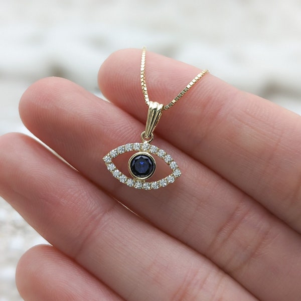 14k Solid Gold Evil Eye Necklace, Real Gold Evil Eye Pendant, Blue Good Evil Eye, 14k Protection Necklace, Lucky Evil Eye Charm, Mal De Ojo
